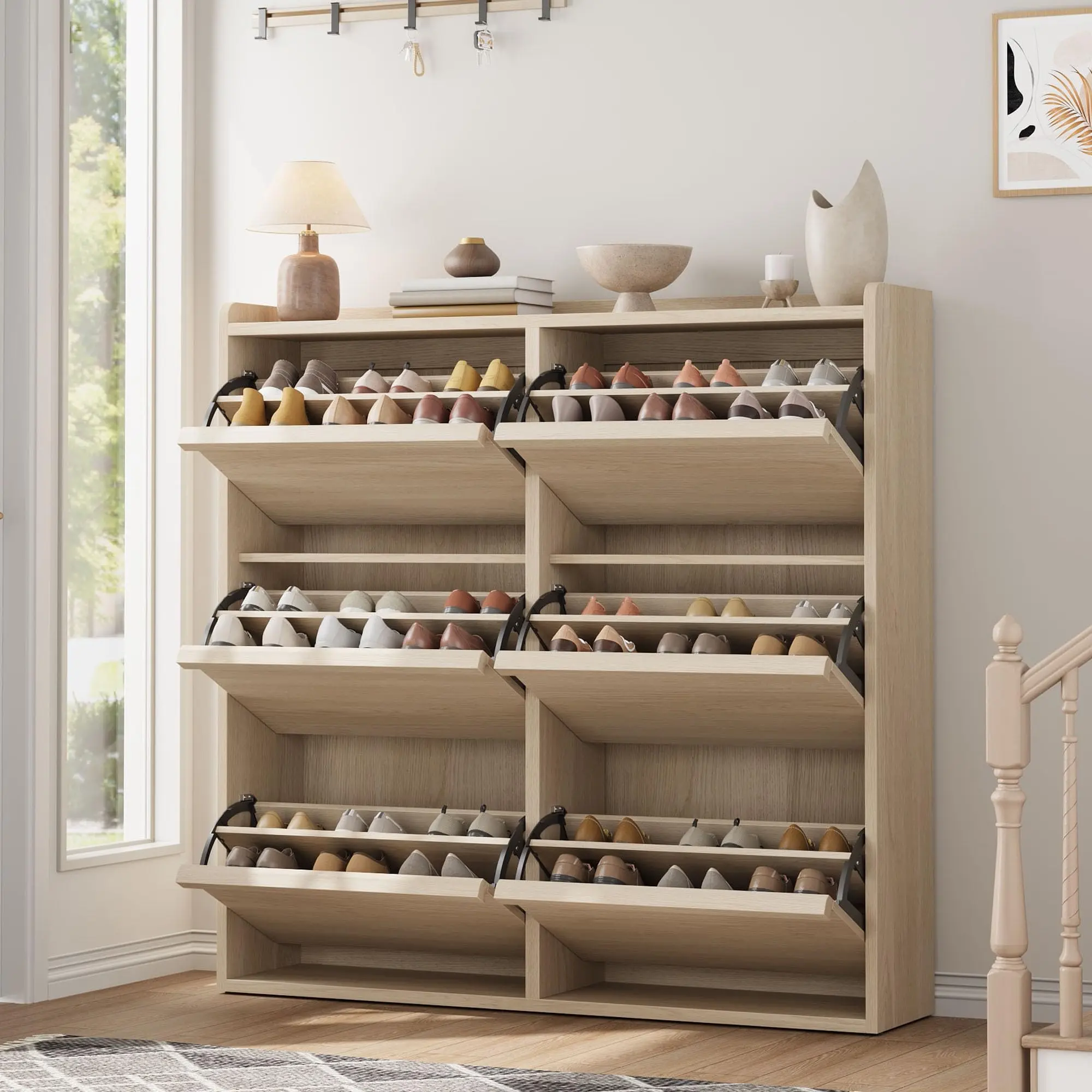 👟 6-Door Flip Shoe Cabinet – Wooden Organizer with Adjustable Shelf – Hidden Storage for Entryway & Hallway ✨, Racks, Drawer, Hidden Drawer