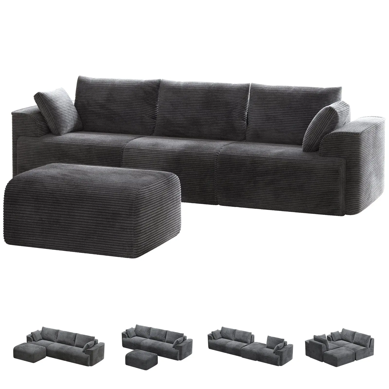 SIKAIC Boneless Modular Corduroy L-Shaped Sofa with Reversible Chaise - Modern Upholstered Living Room Couch, Grey Indoor Furniture, Modular Sofa Couch, Boneless Modern Sofa