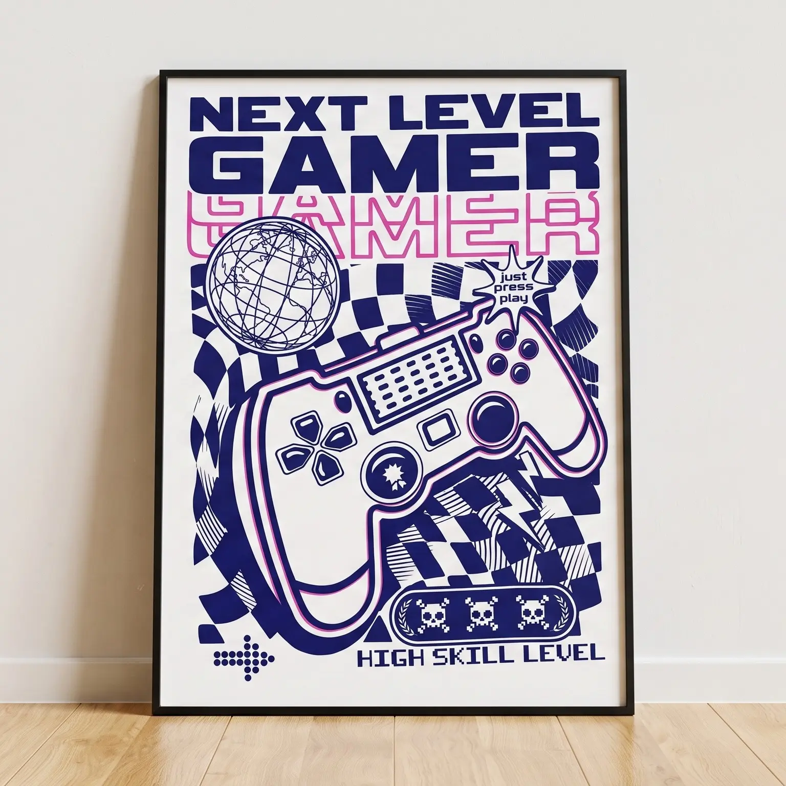 Next Level Gamer Wall Art Print, Retro Cyberpunk Controller Poster, High Skill Level Video Game Room Decor for Bedroom, Gaming Setup, Dorm, Unframed