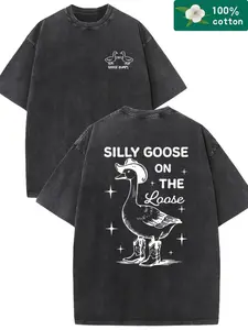 Washed 'Crazy Goose' Retro Style Cotton T-Shirt Suitable for Men And Women - Soft And Thick Washed Floral Print Casual And Fashionable Couple Style