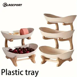 2 Pieces 2-Tier/3-Tier Fruit Bowl, for Kitchen Counter, Pp Material Dinner Plate, Large Fruit Basket for Storing Fruits and Vegetables, Family, Living Room, Oval Bowl Set with Natural Bamboo Frame, layered for Fruit Dessert Appetizer Cake Material Tray Se
