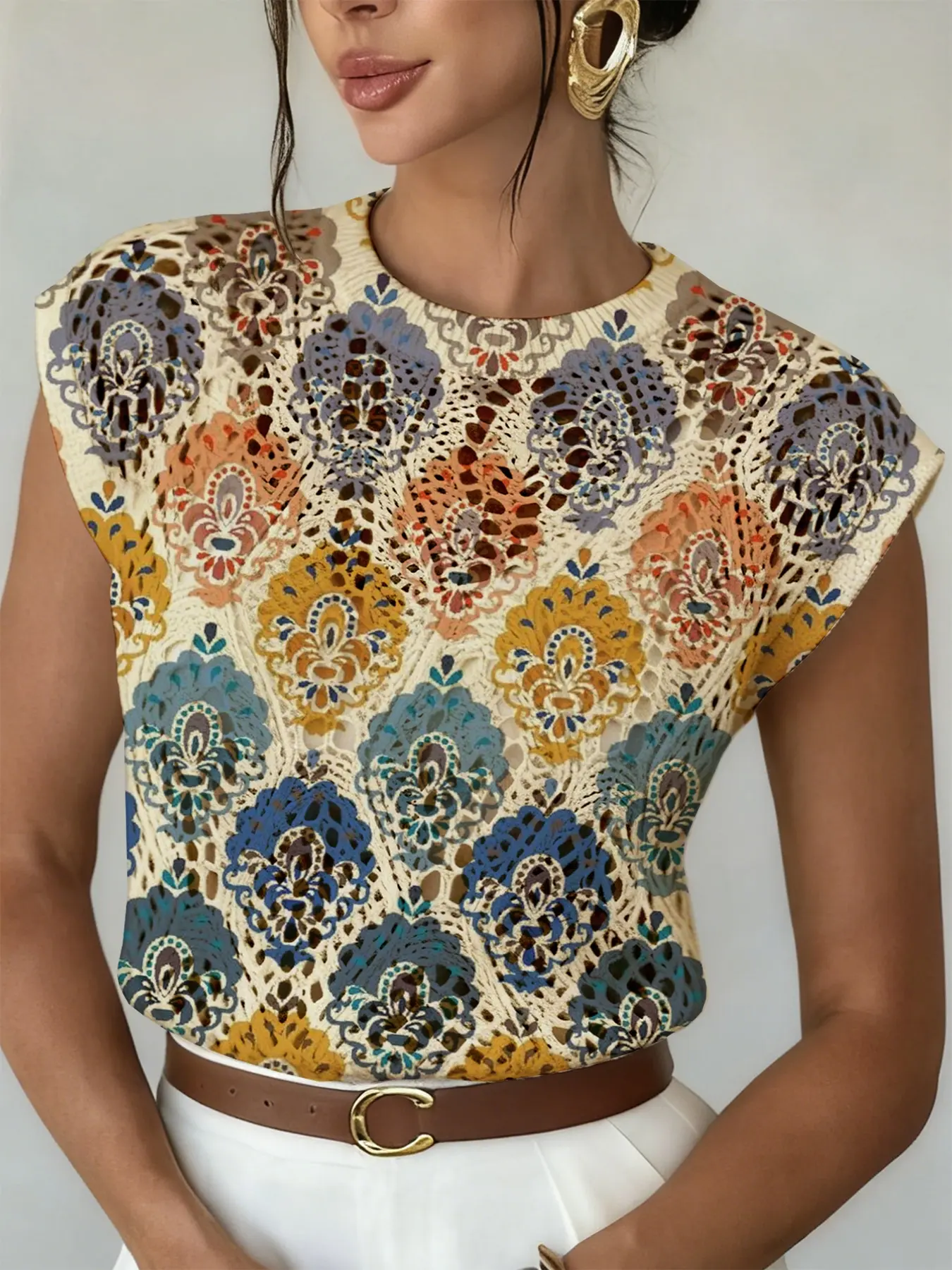 Elegant Women's Geometric Print Round Neck Sweater, Spring Summer Casual Loose Sleeveless Knitwear, Breathable Daily Wear, Hollow Out Design, Chic Tops, Womenswear