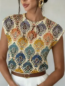 Elegant Women's Geometric Print Round Neck Sweater, Spring Summer Casual Sleeveless Knitwear, Breathable Daily Wear, Hollow Out Design, Tops