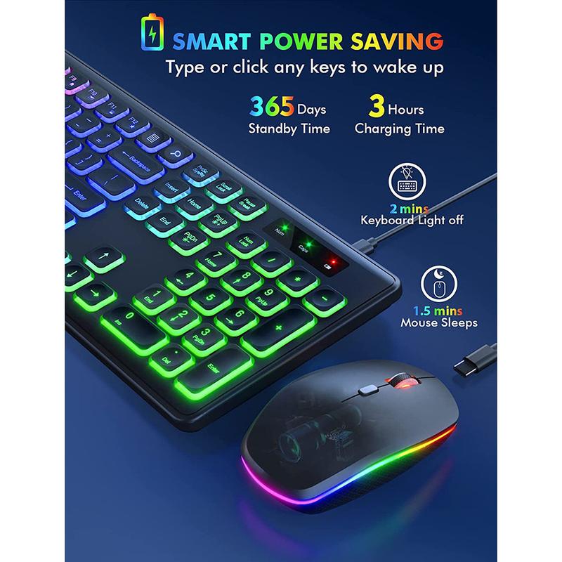 JOMAA 2.4G Wireless Keyboard and Mouse Combo RGB Backlit Rechargeable Full-Size Ergonomic Type-c+USB Wireless Sleep Mode
