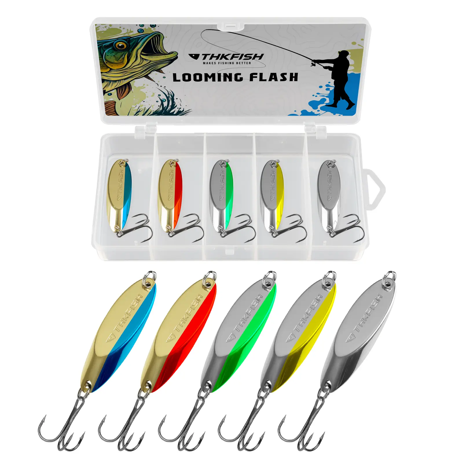 5pcs Fishing Spoons Kit Treble Hooks – Wild Wobble Action Spoon Lures with Mirror Flash, Long Casting Design for Trout Bass Pike Walleye, Saltwater/Freshwater Tackle Box Included by THKFISH
