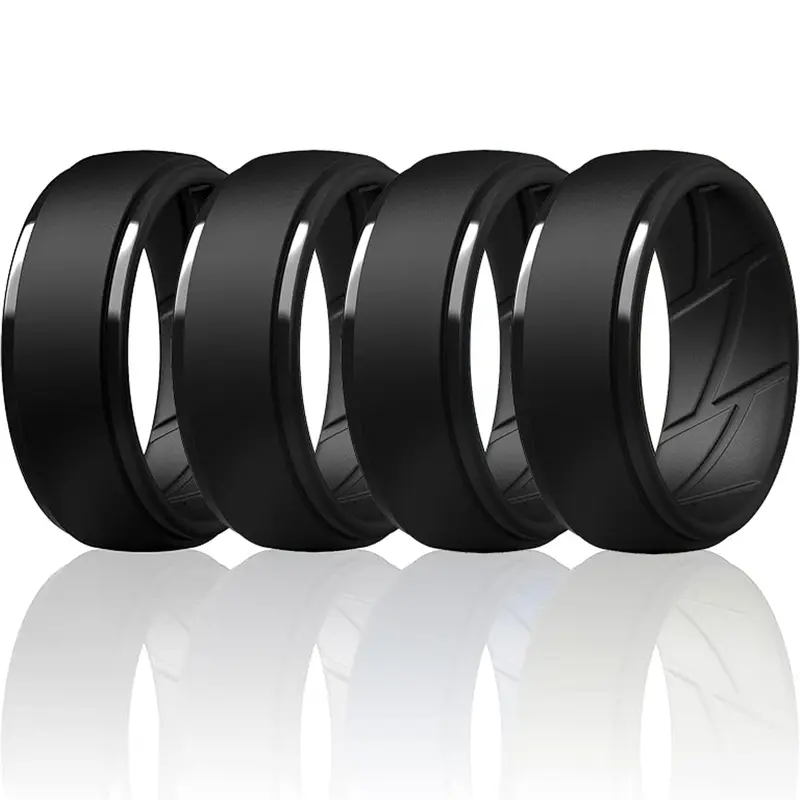 4-Pack Black 7-16 Men's Silicone Wedding Rings 10mm Wide 2.5mm Thick Breathable Step Edge Rubber Bands for Active Lifestyle