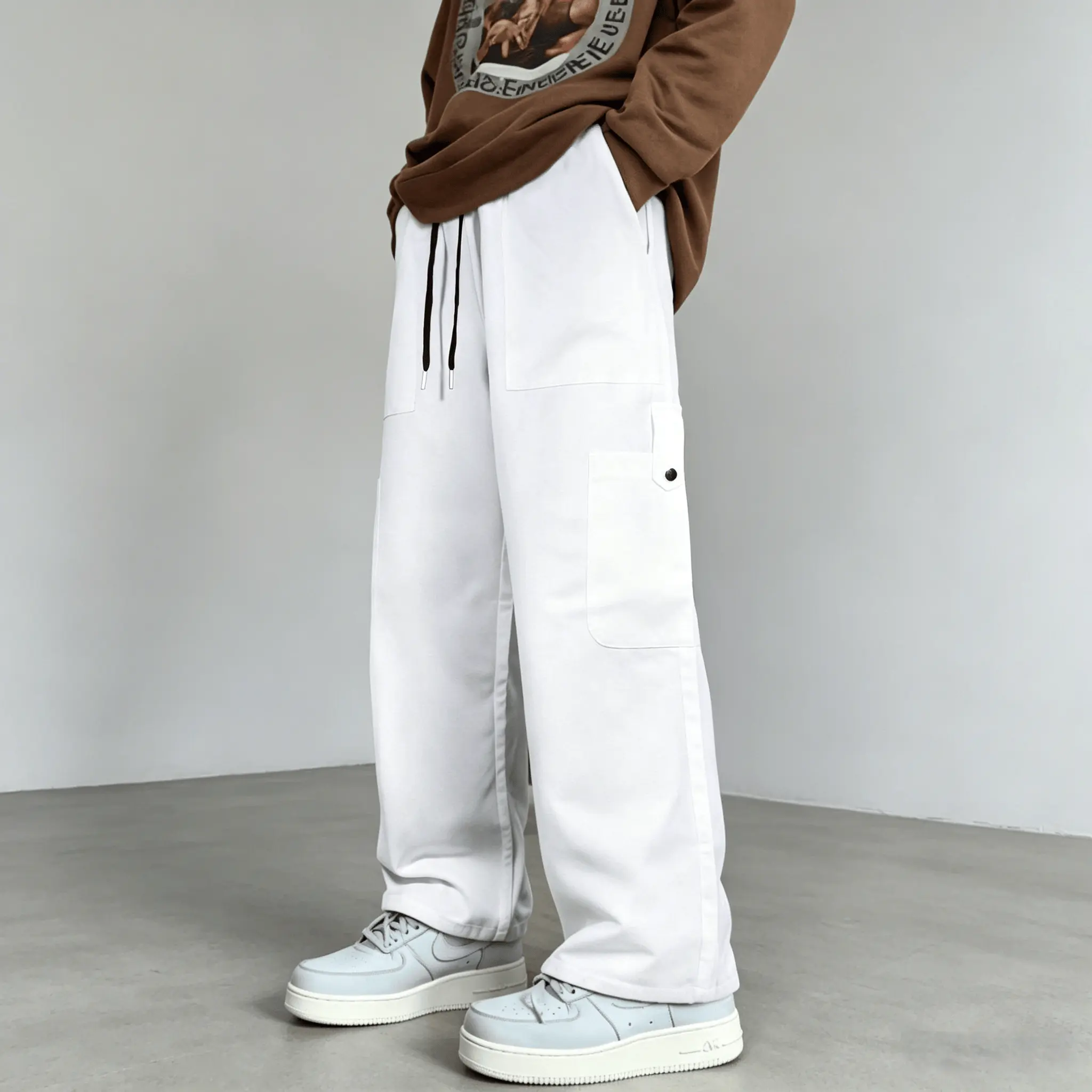 Men's White Woven Cargo Pants - Baggy Wide-Leg Streetwear Style, Lightweight Polyester, Elastic Drawstring Waist, Multiple Pockets, Pocket