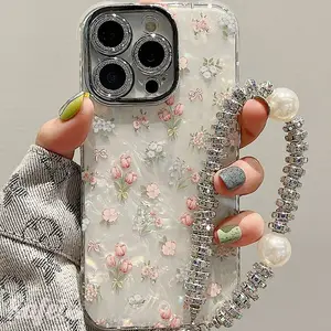 Women's Shiny Luxury Glitter Tiny Tulip Cellphone Case - Detachable Diamond Bling Wrist Strap, Lens Cover, Screen Protector, Flower Floral Aesthetic Design, Protection for iPhone 17,16,15,14,13,12,11 Mobile Devices