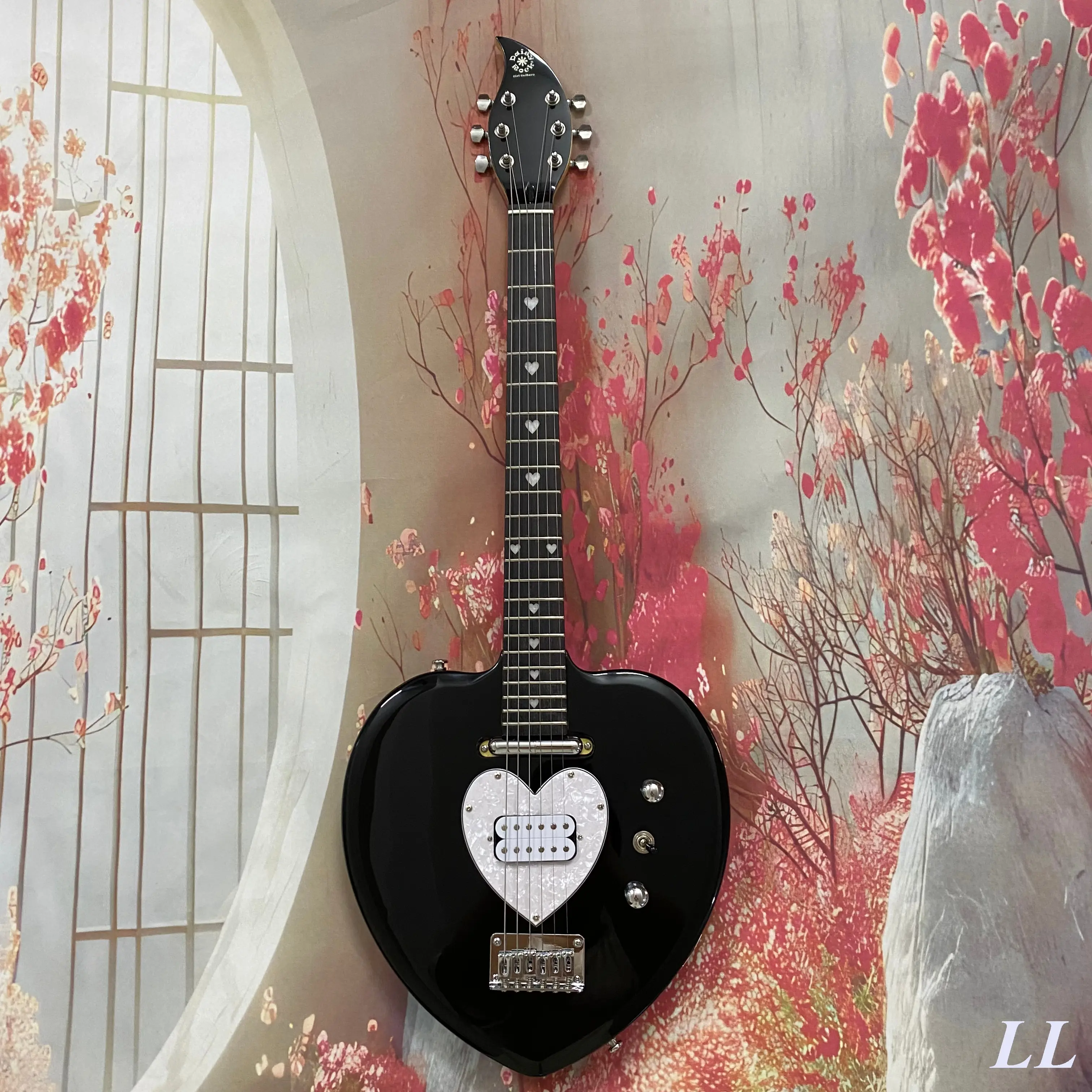 Heart-Shaped 6-String Guitar, Metallic Black Finish, Solid Basswood Body, Pearl Heart Pickguard