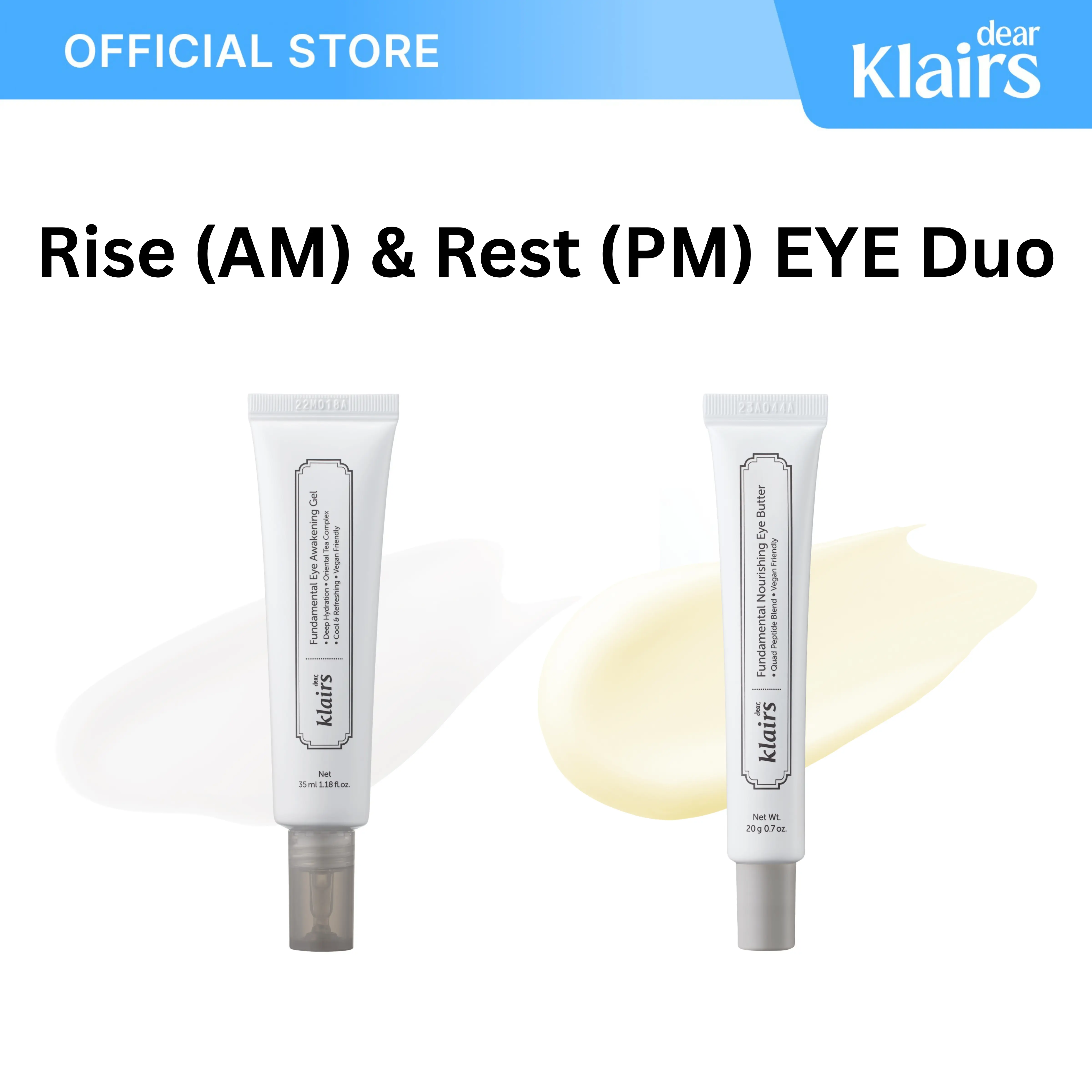 [Dear Klairs Official] Rise & Rest EYE Duo | Fundamental Eye Awakening Gel + Nourishing Eye Butter | Morning Eye Care with Caffeine & Red Bean Extract, Evening Eye Care with Quad-Peptide Formula for Fine Lines | Vegan, Moisturizing, Vitamins
