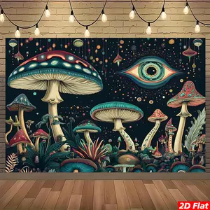 2D Flat, 1pc Fantasy Mushroom Tapestry Wall Hanging - Psychedelic Forest Wall Art with Glowing Eyes & Bioluminescent Mushrooms, 100% Polyester Peach Light Beige Fabric, HD Print Horizontal Indoor Wall Decor for Bedroo