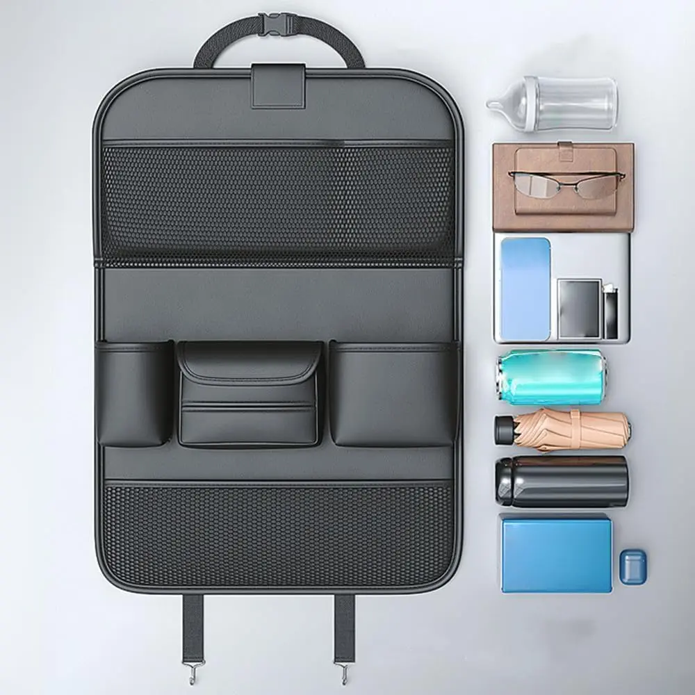 Leather-Like Backseat Car Organizer with Foldable Tray, Touch Screen Tablet Holder, Tissue Cup Holder, Multi-Pocket Rear Storage Bag, Practical Seat Back Protector for Family Road Trips, Tool-Free