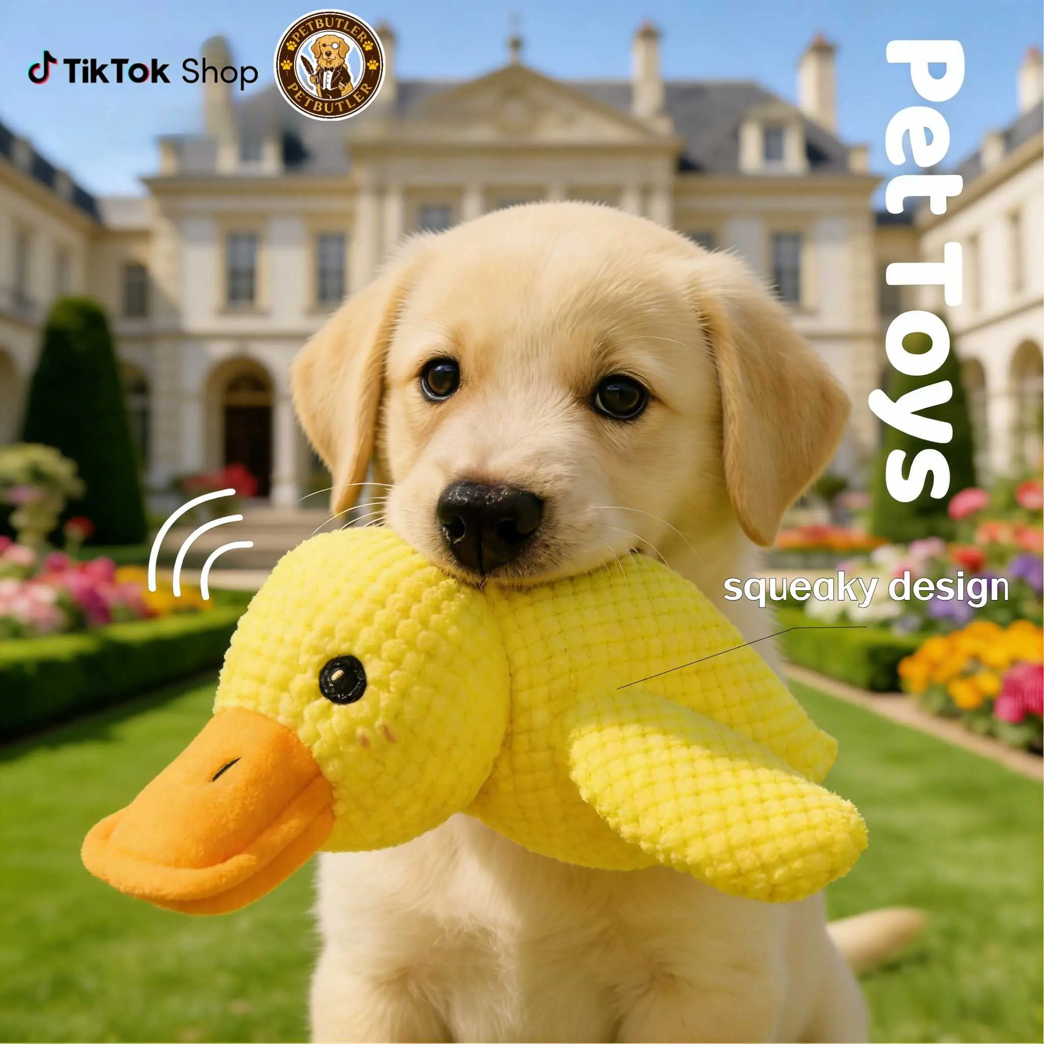 PetToys Squeaky Dog Toy Yellow Duck with Quacking Sound Safe Durable Chew Stick for Indoor Dogs All Sizes and Breeds Calming Duck Toy for Pulling Biting or Tugging