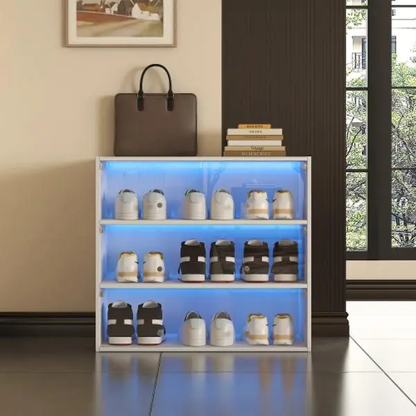 Glass Door Shoe Storage Cabinet with RGB LED Lights - Modern Shoe Organizer Display Case for Sneakers & Heels - Adjustable Shelves, Durable Frame - Perfect for Closet, Bedroom, or Entryway