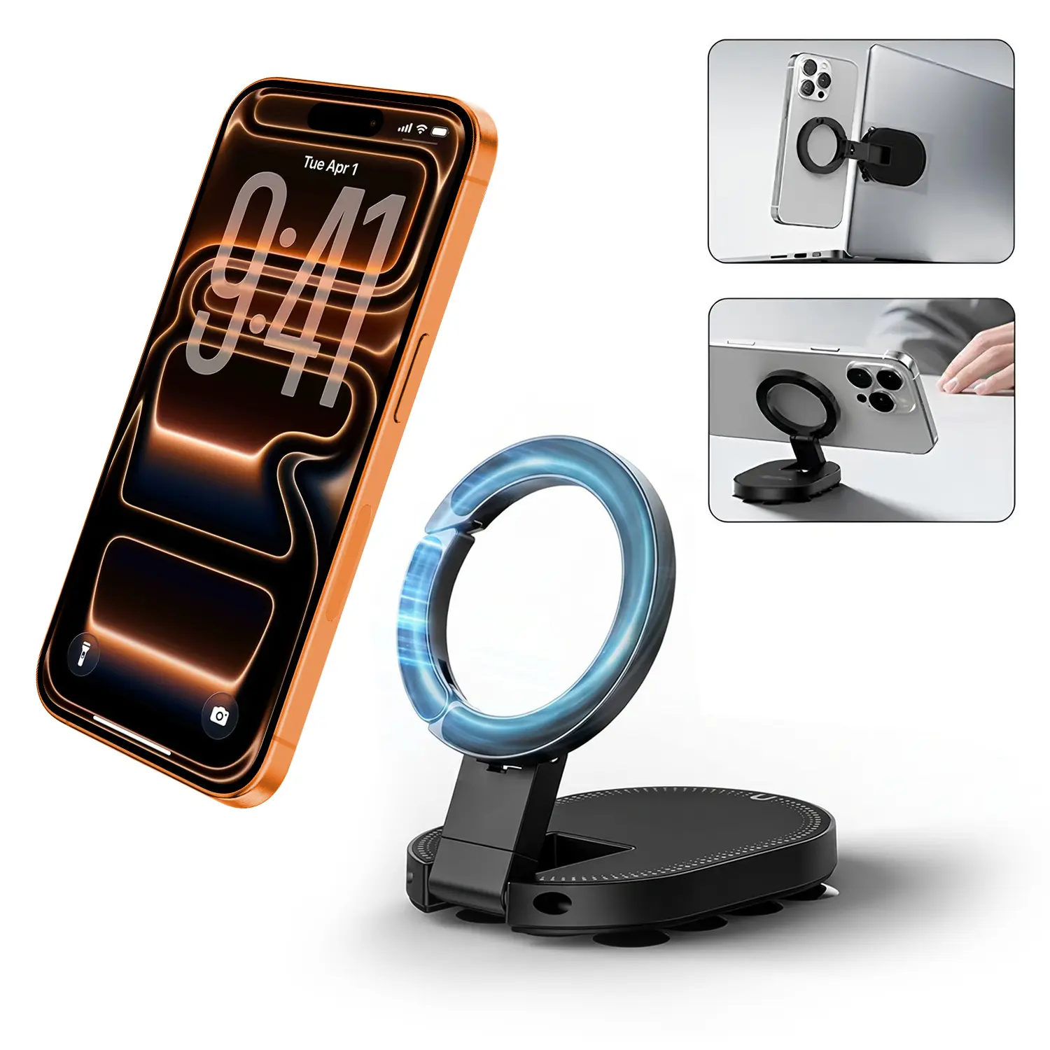 MA39 MagLock 3in1 Suction Magnetic Phone Holder for MagSafe,360° Rotatable Phone Tripod Mount with Carabiner Clip,Suction Cup Phone Mount Desktop Stand for17/16/15/14/13/12,Ideal for Car Dashboard,Gym,Kitchen,Office#SummerWins