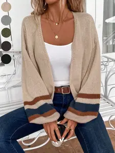 Women's Open Front Colorblock Striped Lantern Sleeve Long Sleeves Loose Fit Cardigan Sweater, Casual Fall & Winter Drop Shoulder Fashion Lightweight Flowy Knit Cardigan, Women Fall Knitwear, Winter Cardigan Women, Womenswear