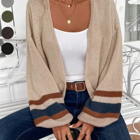 【Black Friday】Women's Open Front Colorblock Striped Lantern Sleeve Loose Fit Cardigan Sweater, Casual Fall & Winter Drop Shoulder Fashion Lightweight Flowy Knit Cardigan, Women's Winter Cardigan