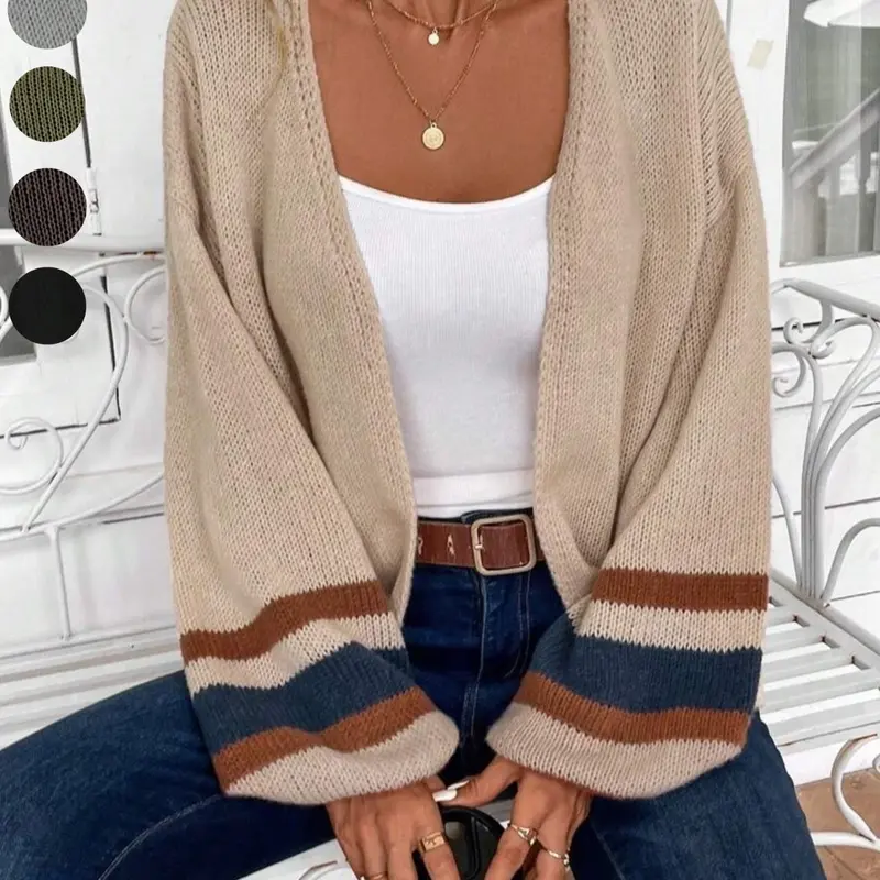 【Black Friday】Women's Open Front Colorblock Striped Lantern Sleeve Loose Fit Cardigan Sweater, Casual Fall & Winter Drop Shoulder Fashion Lightweight Flowy Knit Cardigan, Women's Winter Cardigan