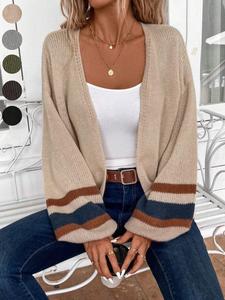 women's open front colorblock striped lantern sleeve loose fit cardigan sweater, casual fall & winter drop shoulder fashion lightweight flowy knit cardigan, women fall outfit, winter cardigan women