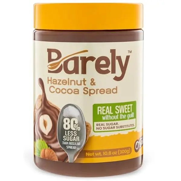 Hazelnut & Cocoa Spread by Barely, Low Sugar & No Artificial Sweeteners, Vegan, Keto Friendly, Delicious Chocolate Spread & Dessert Dip, 3.2 g Cane Sugar per Serving, 1-Pack