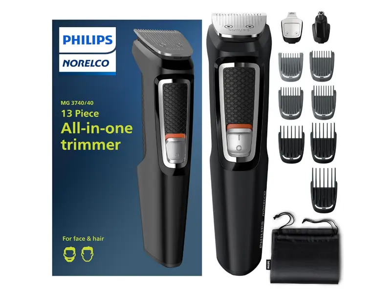 Philips Norelco Multi Groomer - 13 piece Mens Grooming Kit for beard, face, nose, and ear hair trimmer and hair clipper - NO BLADE OIL NEEDED, MG3740/40