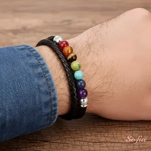 Sofia Men's Leather Braided Bracelet Natural Seven Chakra Stone Multilayer Wristband Boho Style Magnetic Closure Casual Trendy Jewelry