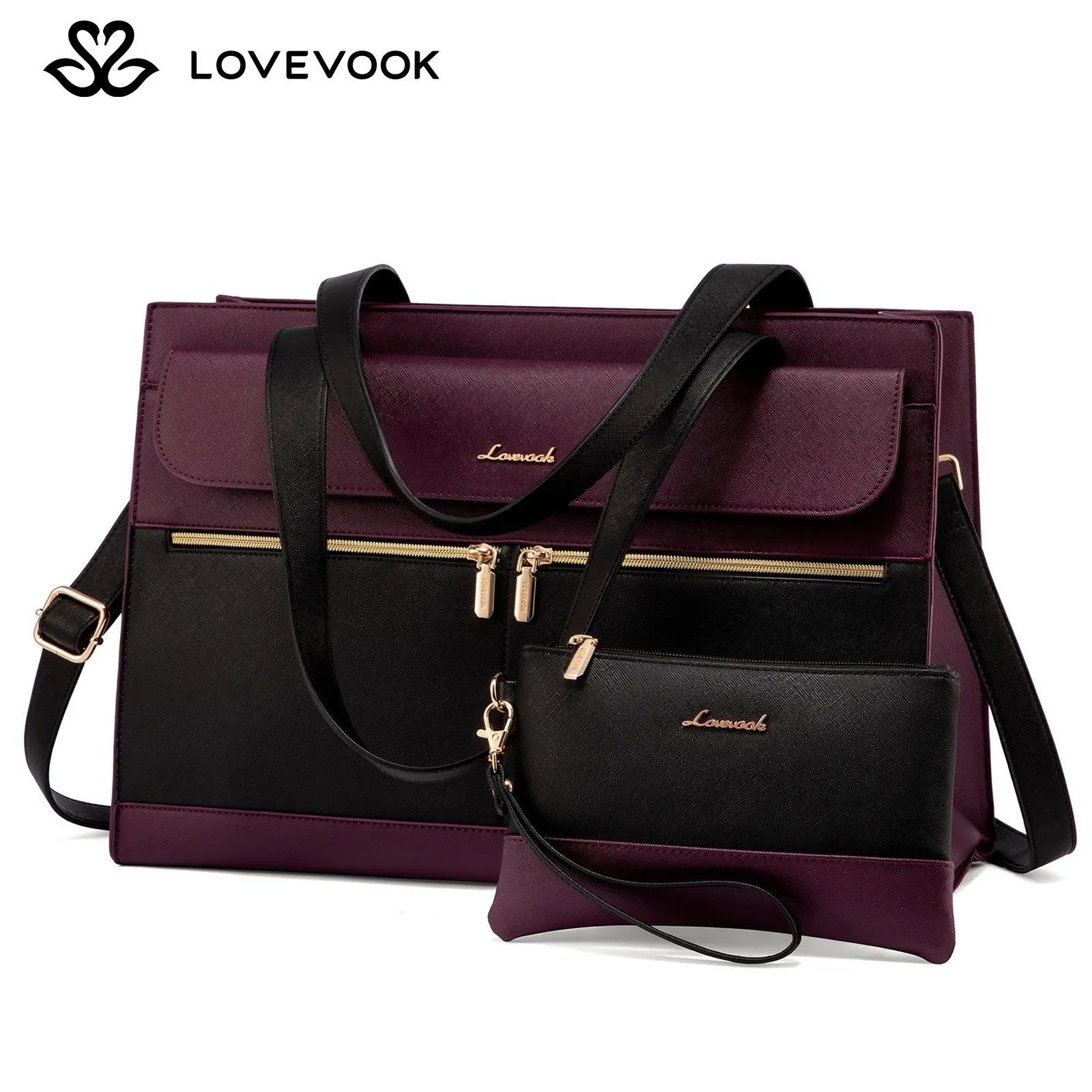 LOVEVOOK September Limited-Time Promotional Discounts 15.6" Laptop Tote Bag for Women - Waterproof Vegan Leather Business Work Bag with Clutch & 2 Cup Holders Suitable for the workplace, office, and casual wear