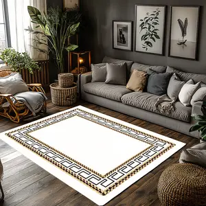 Classic Greek Key Border Crystal Velvet Area Rug White Black Gold Geometric Frame Non‑Slip Luxury Living Room Rug#GreekKeyRug #BorderRug #LuxuryHomeDecor #GeometricRug #CrystalVelvetRug
