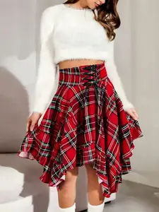 Plus Size Plaid A-Line Skirt, High Waist Slimming Design, Striped Layered Hem, Casual Party Wear, Fashionable Women's Clothing