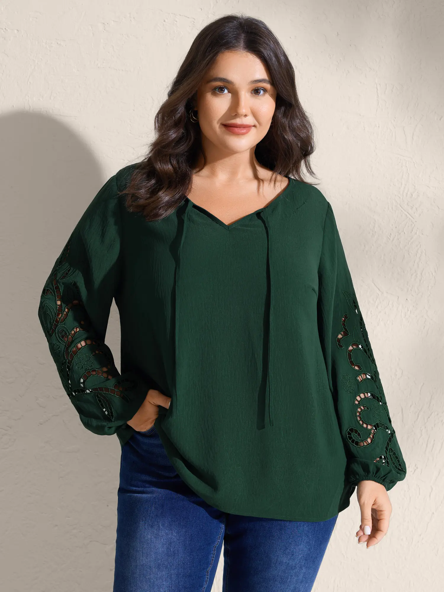 BloomChic Plus Size Timeless Broderie Anglaise Blouse with V-Neck, Long Lantern Sleeves, and Tie-Knot Detail, Smooth, Garment, Fit, Fabric