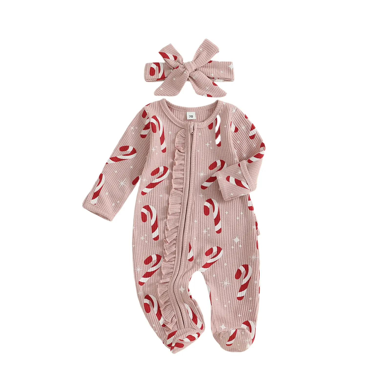 Baby Girl Christmas Oblique Zipper Romper Long Sleeve O Neck Candy Cane/Gingerbread Print Jumpsuit with Headband