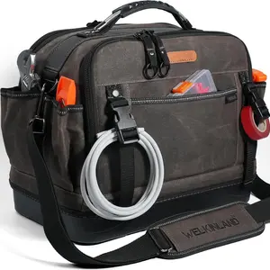 53Pockets Hard-Bottom HVAC Bag, Heavy-Duty Electrician Tool Bag, Waxed Canvas Tools Bags, Top-Open 16 Inch Tool Bags,HVAC Service Bag For Men