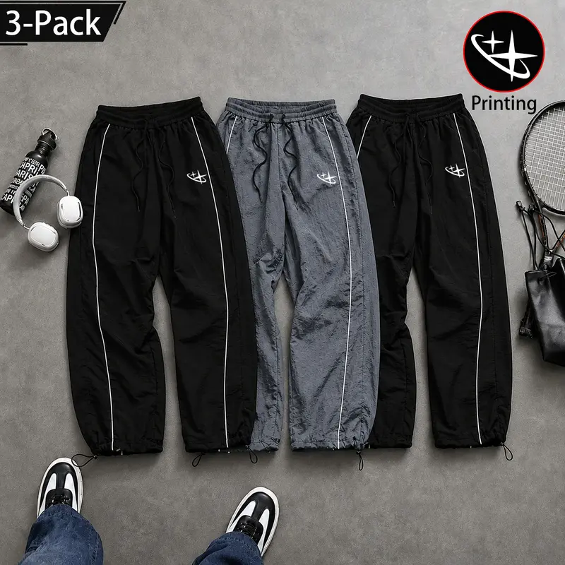Men's 1-2-3 Pack Y2K Parachute Track Pants - Star-Print Lightweight Activewear, TikTok-Trending 2026 Baggy Sweatpants, Side Stripes, Adjustable Elastic Waistband & Drawstring, Summer Cuffs, Fashion Streetwear Mens Clothes