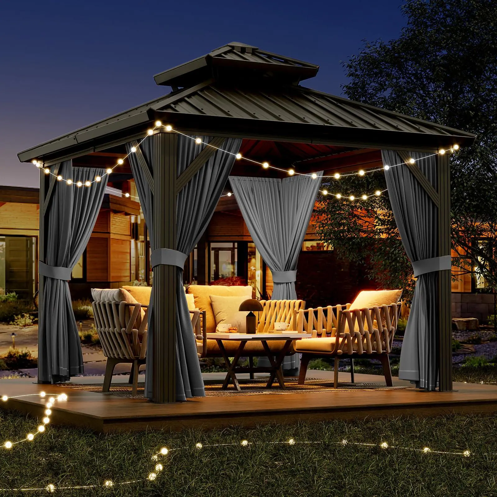 GARVEE 10x10ft Gazebo, Hardtop Double Roof Canopy with Netting and Curtains, Outdoor Gazebo Galvanized Iron Aluminum Frame Garden Tent for Patio, Backyard, Deck, Lawns (Gray)