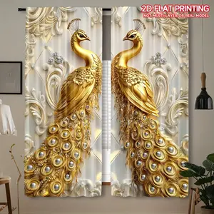 Pack of 2, Golden Peacock Curtains, Study Kitchen Living Room Dormitory Room Rod Pocket Top Curtains, Bedroom Accessories Room Decor Home Decor