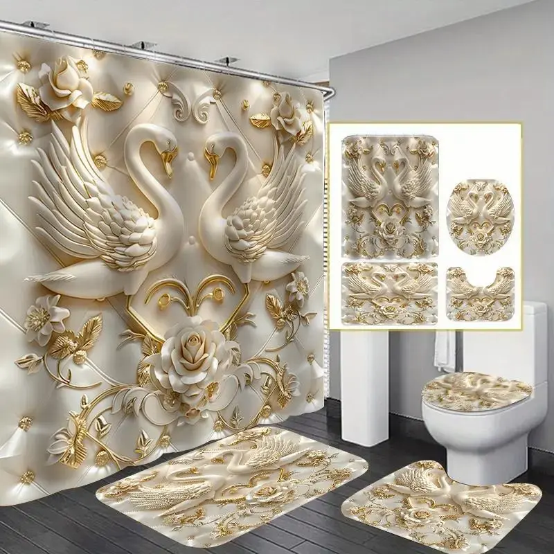 1/4 pcs luxury design swan Aesthetic shower curtain set, non-slip floor mat, U-shaped carpet, toilet cover, perfect for Bathroom Decoration Accessories, partition, beautify the space, free 12 shower curtain hooks