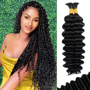 12A Human Hair Deep Wave Bulk Natural Black for Braiding 3 Strands/Pack Total 110g, Fluffy & Fuller, Perfect for Boho, Knotless, Box, and Mermaid Braid Styles