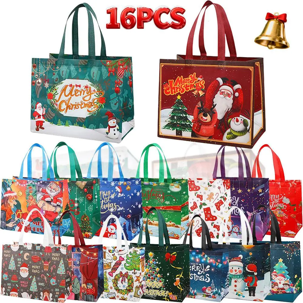 Unisex Christmas Reusable Non-Woven Totes Value Pack - 16-Count, Vibrant Assorted Patterns, Premium Waterproof Heavy-Duty Construction Foldable Handle Bags, Gift Ready Holiday Grocery Shopping Bags