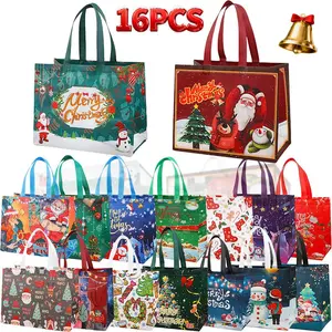 Unisex Christmas Gift Reusable Bags 16-Count Value Pack - 16 Vibrant Assorted Patterns, Premium Non-Woven Water-Resistant Heavy-Duty Foldable Totes for Festive Gifting, Market Trips, Storage with Handles