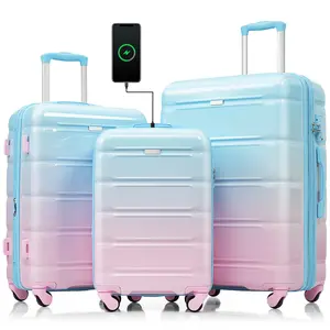 Hard Shell Luggage Sets 3 Piece with Charger USB Port, Travel Suitcase with Spinner Wheels, Carry on Luggage for Women Men Travel, Lightweight, 20/24/28 Inch (Blue+Pink)