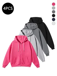 4-Pack Men’s Loose Sports Casual Jackets for Spring/Fall, American Style Solid Color Zip Hooded Cardigan Sweatshirt
