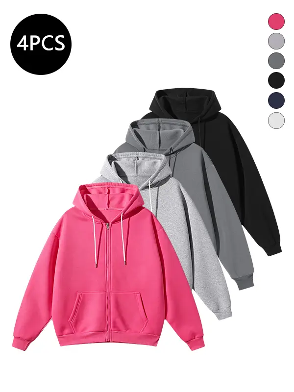 4-Pack Men’s Loose Sports Casual Jackets for Spring/Fall, American Style Solid Color Zip Hooded Cardigan Sweatshirt