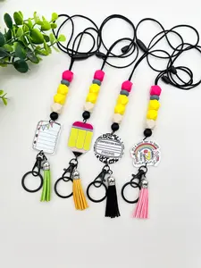 Candy Color Silicone Beaded Necklace Keychain Set, Apple Pencil Book Charm, Teaching Element Lanyard, Teacher Gift, All Seasons, Cute Keychain