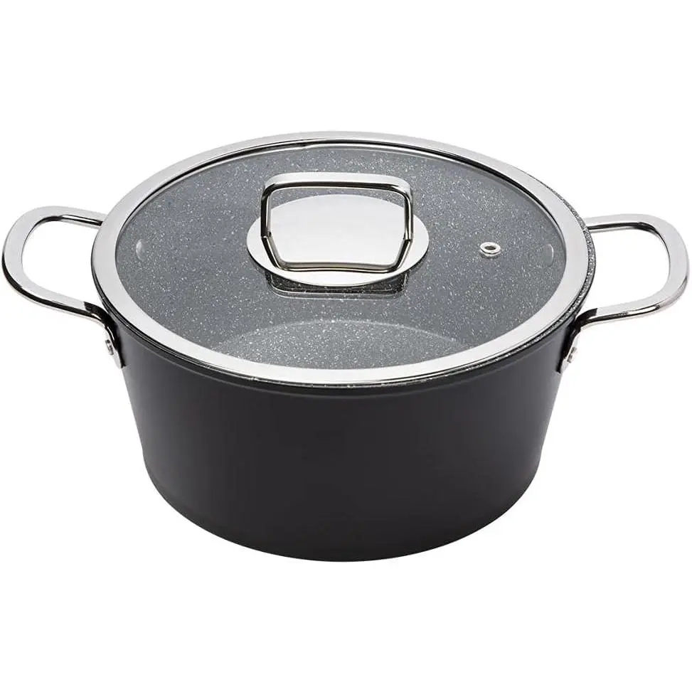 Serenk Excellence Granite Stock Pot, PFOA Free Frying Pan, Extra Thick Bottom Non Stick Fry Skillet, 1.8 in 1.5 qt Stock Pot with Glass Lid, Oven and Dishwasher Safe (8.66in 84.53oz)