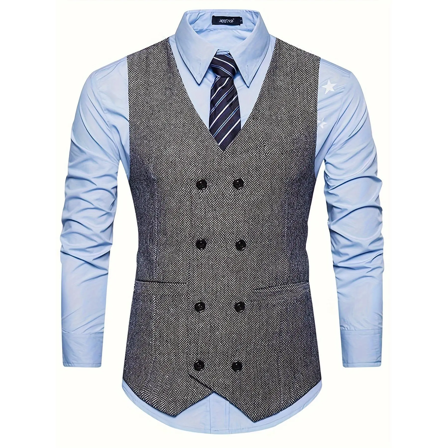 Men's Double-Breasted Textured Woven Suit Vest, Vintage Solid Regular Fit Waistcoat with Pockets, All-Season Polyester Spandex Blend, Menswear