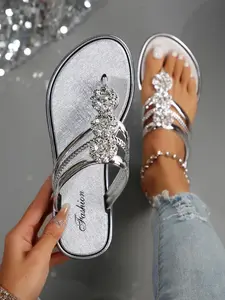 Women's Fashionable Rhinestone Decorated Toe Thong Sandals, Elegant Open Toe Design Glitter Sandals for Summer, Lightweight Breathable Comfortable Barefoot Shoes for Daily Wear, Girl Footwear, Casual Flip Flops, Casual Flat Sandals
