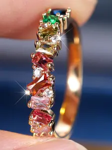 Luxury Multi-color Cubic Zirconia Ring, Engagement Ring Accessories, Fashion Accessories for Women & Girls, Trendy All-match & Exquisite Jewelry for Birthday Gift, Beautiful Rings