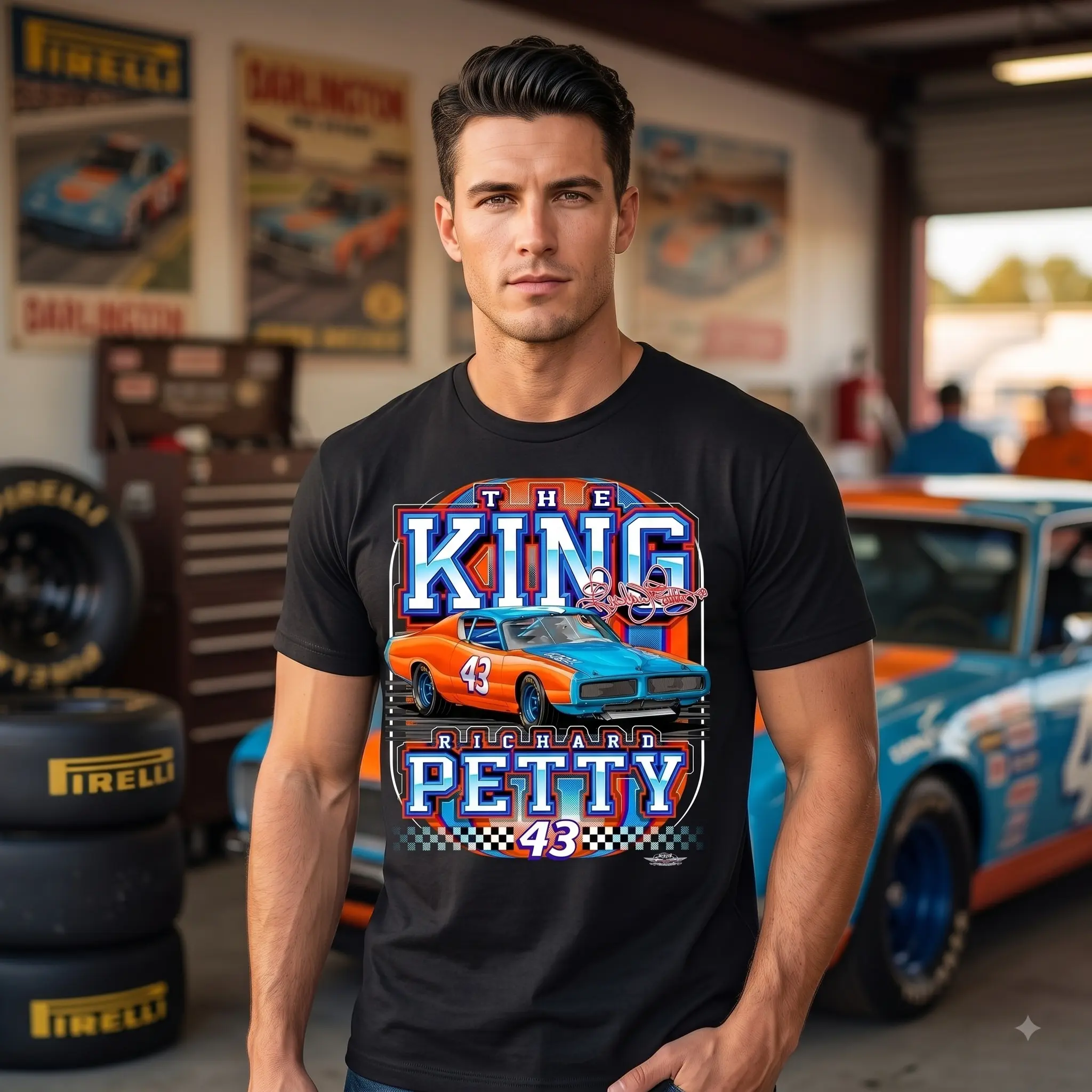 Richard Petty The King 43 Vintage Stock Car Graphic T-Shirt, Premium Petty Blue Legacy Motor Club NASCAR Racing Tee, Retro Motorsport Legend Champion Fan Apparel, Classic Auto Racer Merch, Cool Fast Speed Enthusiast Event Gift For Men Teen Boys