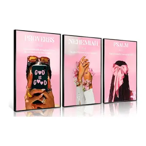 3Pcs Pink Bible Verse Wall Art Canvas Christian Black Girl Wall Decor Pictures Religious Scripture God Posters Prints for Girls Room Bedroom Home Decoration Unframed