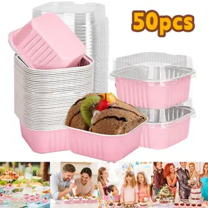 50Pcs Pink 5oz Mini Disposable Square Aluminum Foil Baking Cups With Lids, Ideal for Parties, Weddings, Desserts, Pudding, Flan, Tart and Cupcake Making